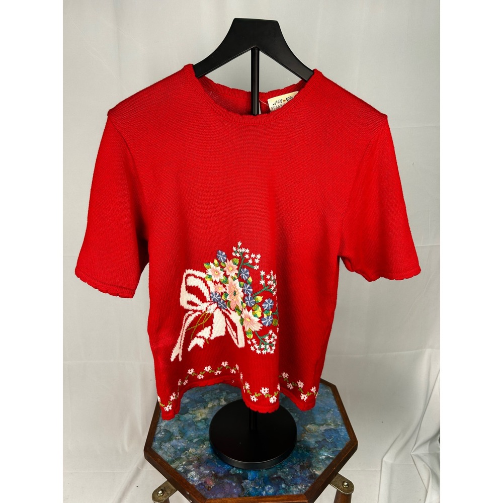 Vintage 1991 Susan Bristol Red Hand Embroidered Floral Short Sleeve Sweater M